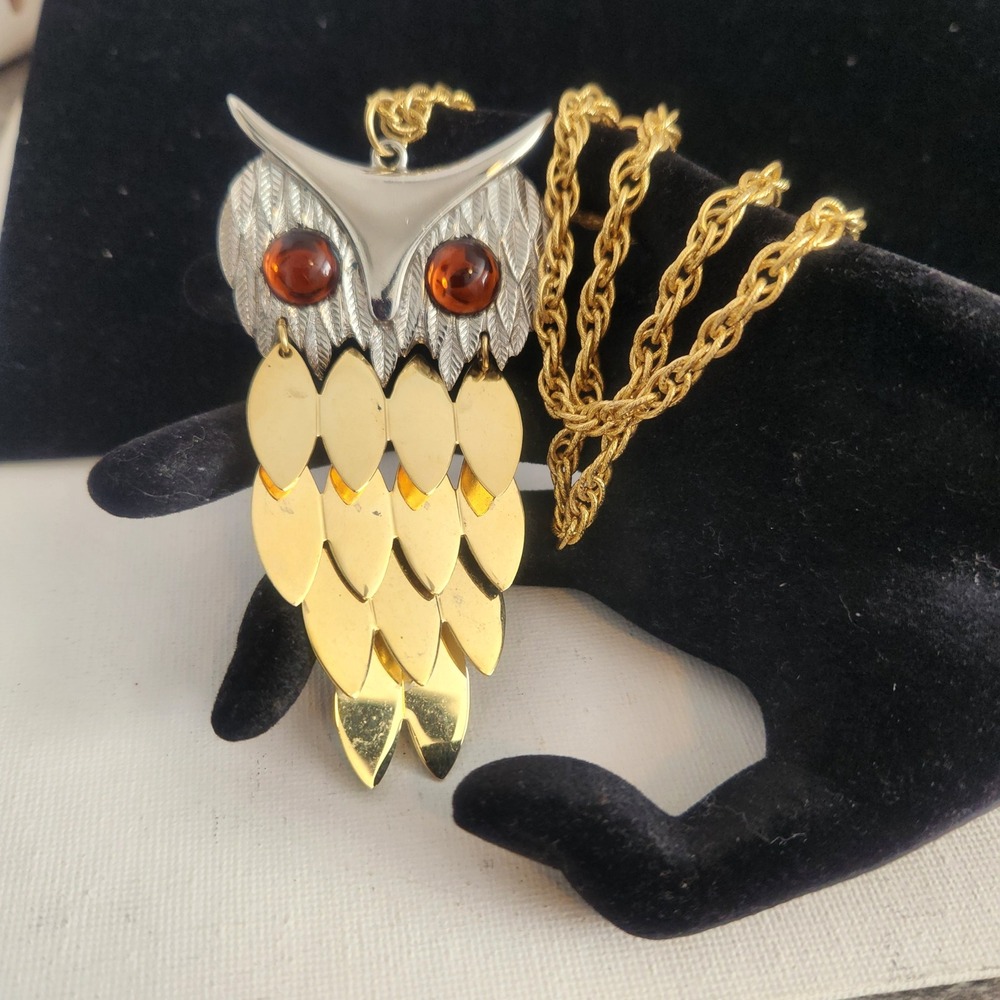 Vintage Articulated Owl Pendant Necklace Gold Silver Tone Amber Eyes Boho large - Picture 11 of 13